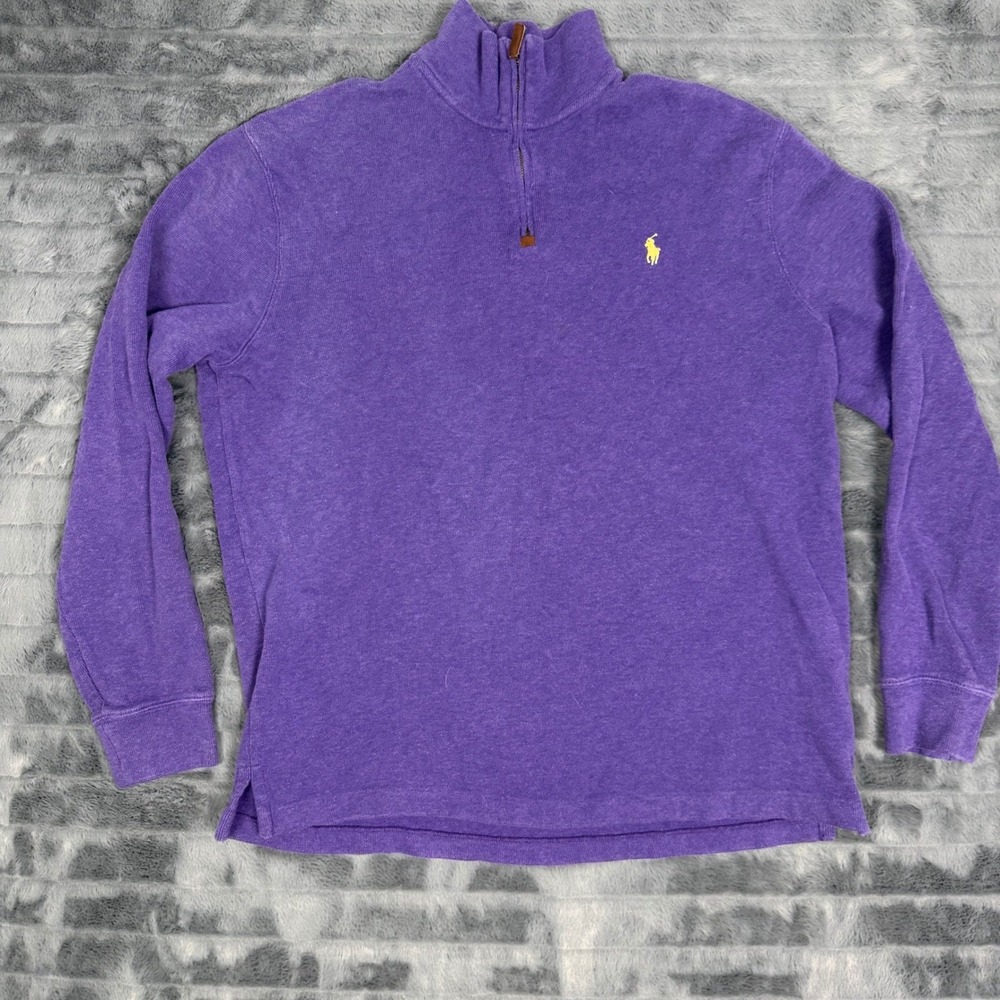 Polo Ralph Lauren Mens Purple 1/4 Zip Pullover Cotton Sweater Yellow Pony Large